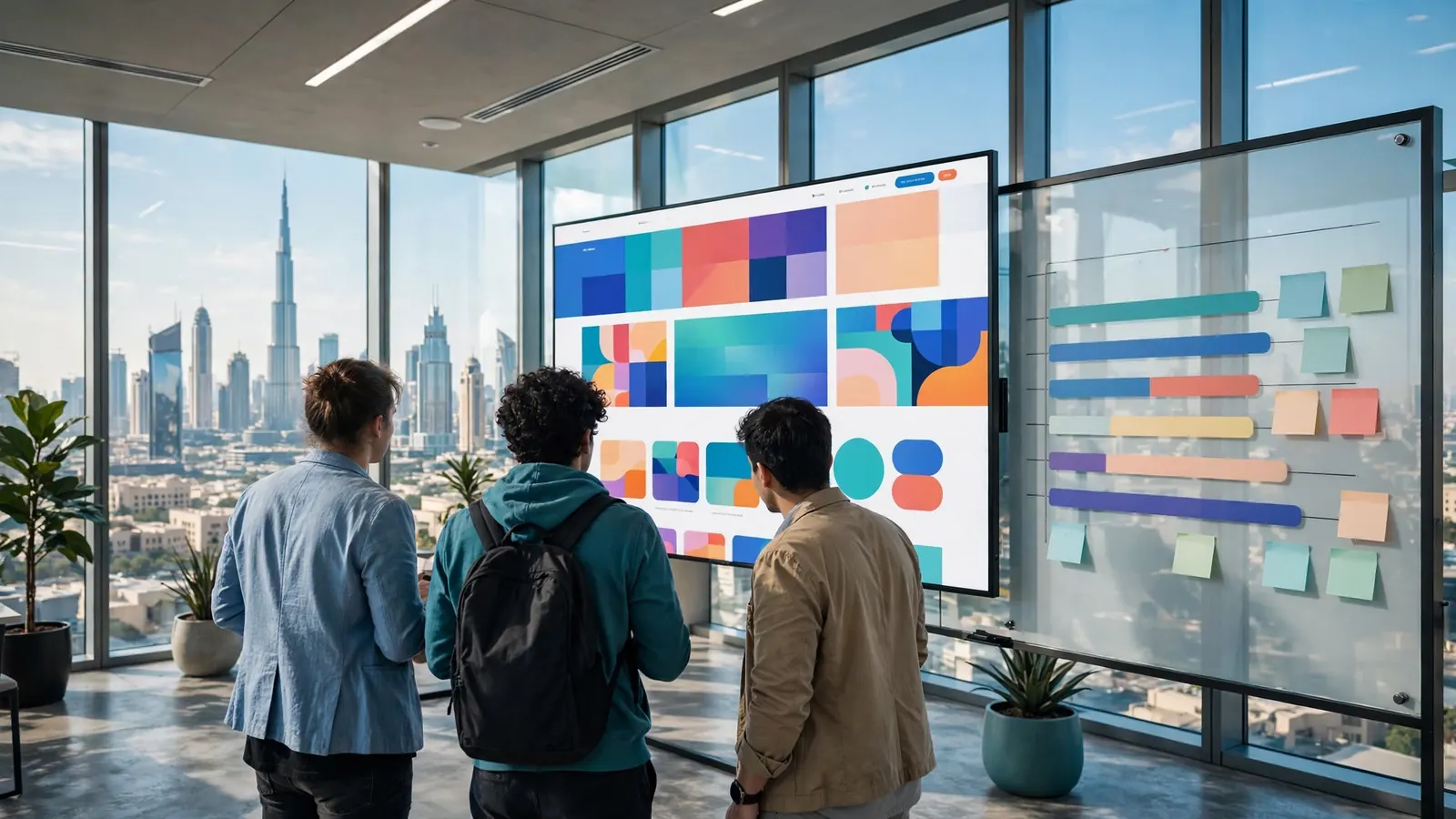 A web team reviewing a website design on a large screen beside a glass board with a project timeline, with the Dubai skyline behind them