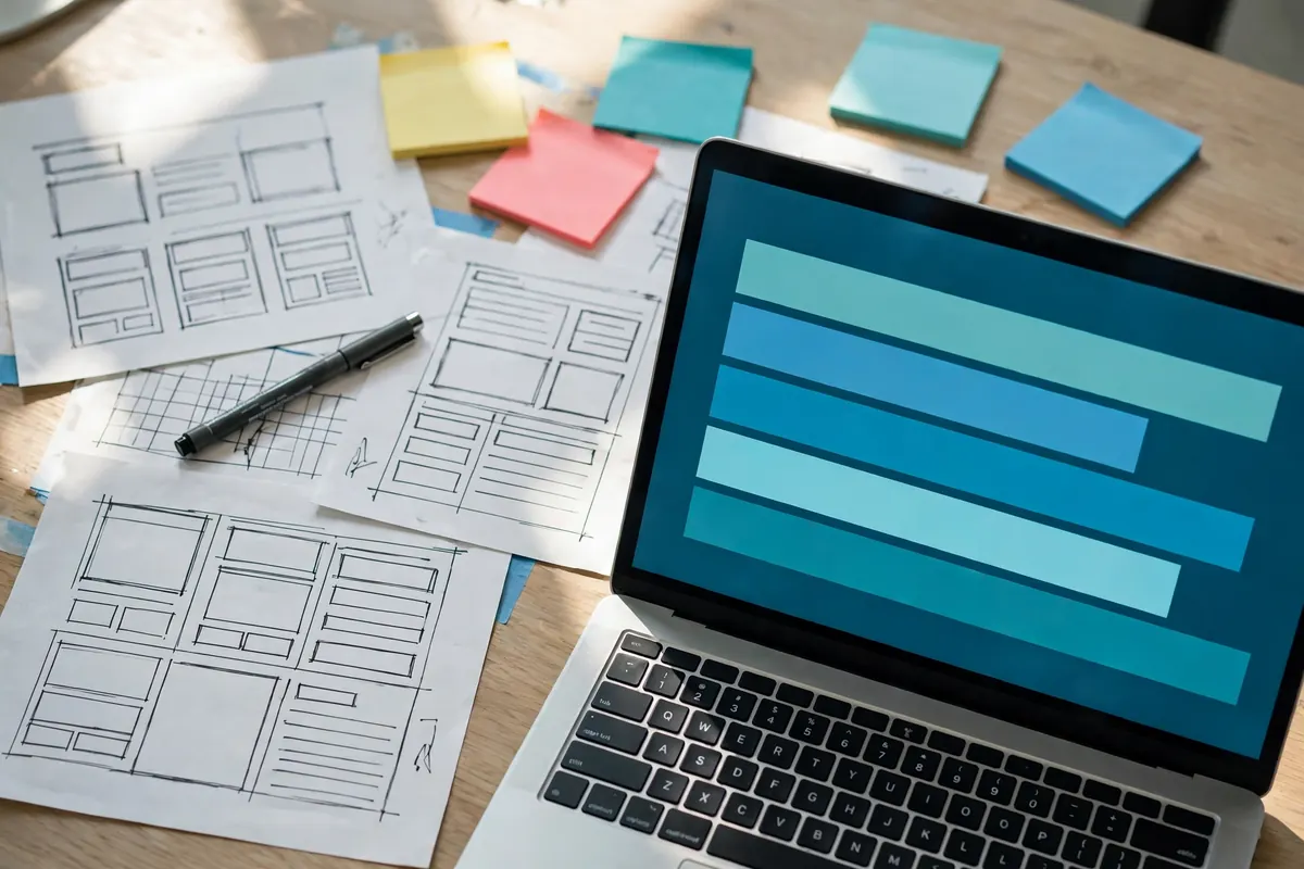 Hand-drawn website wireframe sketches and sticky notes on a desk beside a laptop showing a project timeline