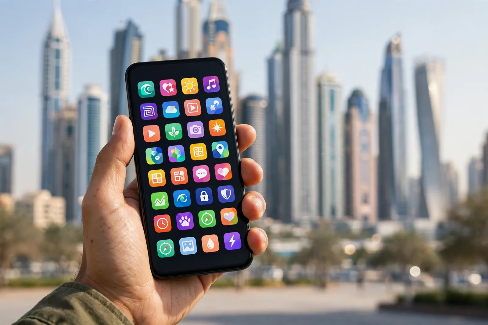 A hand holding a smartphone full of colourful app icons, with Dubai towers blurred behind