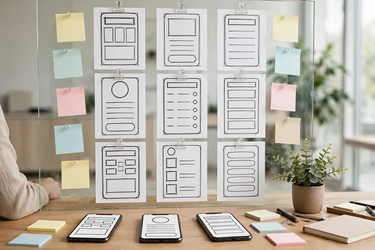 Hand-drawn mobile app wireframes and sticky notes pinned to a glass board, with phone mockups on the table