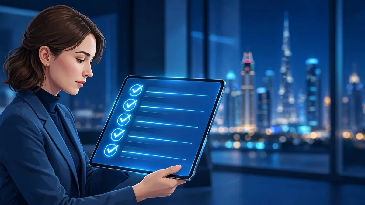 How to choose a web development company in Dubai — a professional reviewing a checklist on a tablet with the Dubai skyline behind her